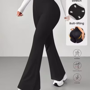 Women's Black Crossover Waist Yoga Leggings, Summer Ice Silk Bootcut Flare Tight Pants for Daily & Workout,Plus Size Clothes