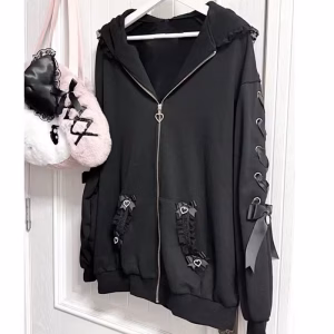 Harajuku Hoodies Jacket Women's Clothing Cute Rabbit Ears Y2k Coats Roapa Mujer Casual Fashion Bandage Lace Oversized Sweatshirt