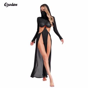 Women's Sexy Maxi Dress with Hooded Sheer Mesh & Deep Slit - Long Sleeve Hollow-Out, Includes Sheer Cover-Up/Beachwear with Built-in Mask