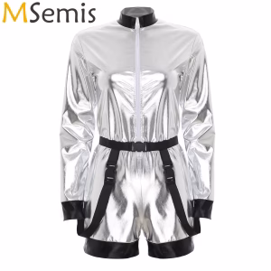 Womens Metallic Shiny Astronaut Jumpsuit with Waist Belt Front Zipper Boyshorts Bodysuit Dress-Up Spacewoman Cosplay Costumes
