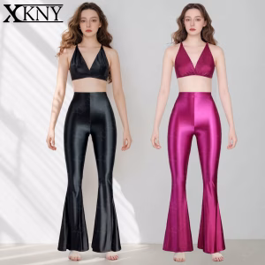 XClocKNYoung satin glossy pants Satin glossy dance beach pants silky high waisted tight flared pants