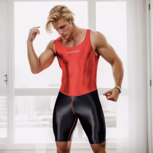 AMORESY Helion Series Men Glitter Shiny Satin Elastic Patchwork Swimwear Vest Tight Bodysuit Cycling Gym Fitness Sport Jumpsuit