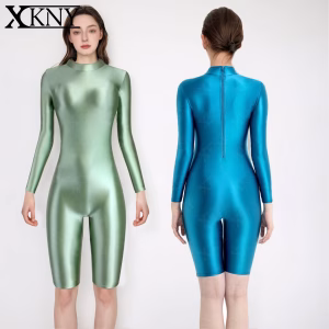 XClocKNYoung satin glossy bodysuit Satin Glossy Oil High Neck  zipper Long Sleeve shorts Tight Pants Silk leotard XClocKNYoung