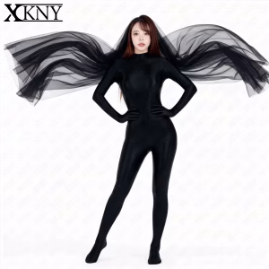 XClocKNYoung satin glossy bodysuit High Neck Long Sleeve Wearing gloves full body tights back Zipper Oil Silk leotard