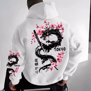 Men's anime-style dragon-patterned cherry blossom print hooded pullover for winter warmth, loose and casual style