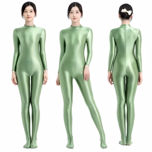 Sexy satin gloss tights oily japanese swimsuit  smooth sports bodybuilding fitting jumpsuit Short zipper long sleeve body suit