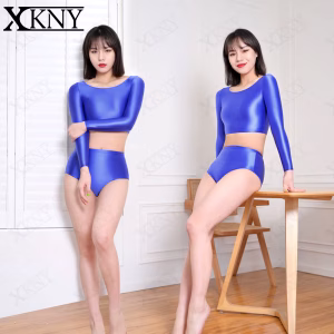 XClocKNYoung satin glossy long sleeve top Sports Glossy Silk Skinny Yoga swim Expose the navel Bodybutton Long Sleeve Top mjinm