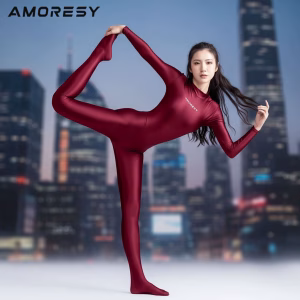 AMORESY satin glossy tights Long Sleeve Full Length Oil Tights Smooth Jumpsuits Catsuits XClocKNYoung satin glossy bodysuit