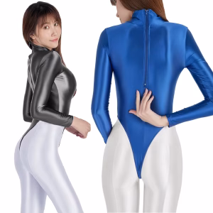 Women's Silky Shiny Spandex One-Piece Swimsuit Sexy Long-Sleeved Tights Back Zipped Leotard Glossy Swimwear for Summer