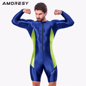 AMORESY Men's Shiny Glossy Tracksuit Set with Front Zipper Sports Fitness Running Overall Catsuit Jumpsuit for All-Purpose Use