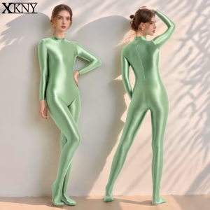 XClocKNYoung satin glossy One Piece bodysuit Sexy Oil High Neck  zipper Long Sleeve Full body Tight Pants Satin Glossy leotard