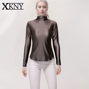 XClocKNYoung satin glossy top sexy long sleeve high neck sports casual clothes slim sport Tights hot spring smooth sweat shirt