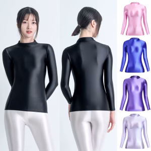MJINM Women's Silky Long Sleeve High Neck Sportswear Satin Yoga Swimwear Solid Base Shirts Smooth Tights Casual Activewear Tops
