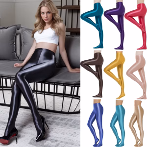 AMORESY Women Glossy Satin Elastic Thin Slim Opaque Pantyhose Tight Pants Hip Lift Bodybuilding Yoga Pilates Stockings Leggings