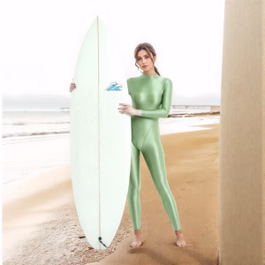 XClocKNYoung satin glossy bodysuit Satin Glossy Oil High Neck zipper Long sleeved pants Full body V-crotch jumpsuit Silk leotard