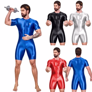 AMORESY Men's Shiny Satin Bodysuit Short Sleeve Sportswear Yoga Gym Fitness Swimsuit Cycling Leotards Running Swimwear Jumpsuit