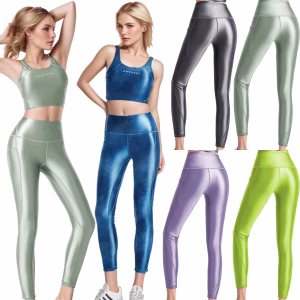 AMORESY Women Glossy Spandex High Waist Stretch Running Bodybuilding Fitness Flat Legging Joggings Yoga Sports Anke-length Pants
