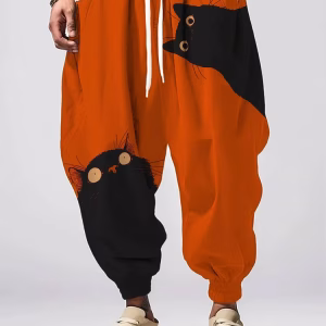 Men's Black Cat Printed Sweatpants 2025 Loose Drawstring Waist Orange Harem Long Trousers Casual Pants Ropa Hombre Sportswear