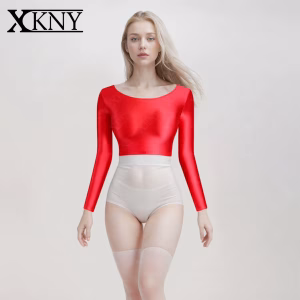 XClocKNYoung satin glossy long sleeve navel top sports casual tights clothes slim hot spring smooth satin glossy swimsuit top