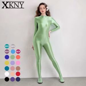 XClocKNYoung satin glossy bodysuit satin glossy Oil High Neck zipper Long Sleeve Full body V-crotch jumpsuit Silk leotard
