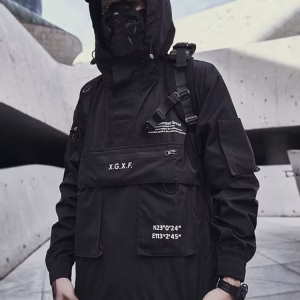 Men's American Tactical Windbreaker Multi-Pocket Bomber Jacket Waterproof Outdoor Spring Fall Oversized Hooded Coat Techwear