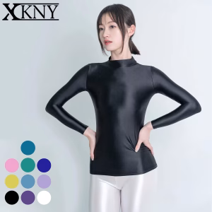 XClocKNYoung satin glossy top long sleeve high neck sports casual clothes slim sport Tights hot spring smooth sweat shirt 2XL