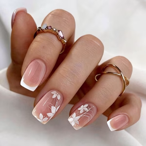 24Pcs Glossy Press on with Floral Designs French Tip Square False for Spring and Summer Accesories