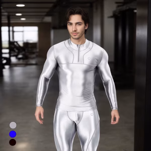AMORESY Men Oil Glitter Thin Longsleeve Front Zipper Tops Quickdry Breathable Running Cycling Gym T-shirt Sport Tight Undershirt