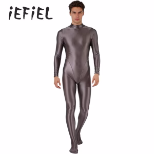 Mens Oil Glossy Swimsuit Full Body Suit Long Sleeve Footed One Piece Jumpsuit Rash Guard Diving Surfing Workout Bathing Suits