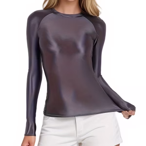 YAULAANG Shiny Long Sleeves Bodysuit Women Glossy Sportswear High Neck Gym Suit Sexy Leotards Compression Shirt Bathing Top