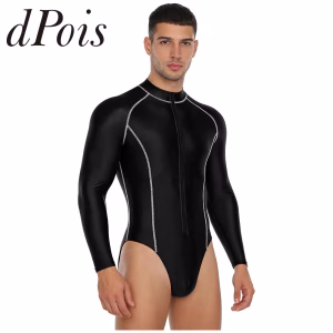 Mens Swimwear Glossy Bodysuit Swimsuits Long Sleeve Zipper Leotard Jumpsuit Rash Guard for Beach Surfing Swimming Workout