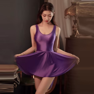 Sexy Gloss Tights summer dress sleeveless vest Shiny One piece swimsuit short skirt sports Oil swim suit body suit