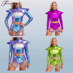 Women Role Play Alien Costume Astronaut Long Sleeve Outerspace Costume Outfits Top with Transparent Skirt Halloween Dress Up