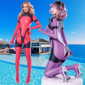 Women Glossy Spanex Smooth Elastic Long Sleeve Back Zipper Patchwork Diving Surfing Swimwear Jumpsuit Bodysuit Catsuit Playsuit