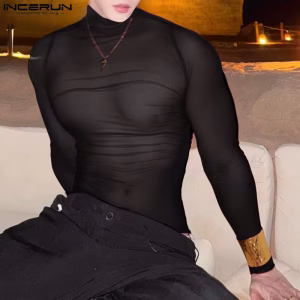 Men's T-Shirt with Mesh Long Sleeves & See-Through Turtleneck - Sexy Casual Streetwear by INCERUN