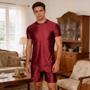 AMORESY Men's Smooth Ice Silk Breathable Home Suit Short Sleeve Shorts Long Pants Thin Comfortable Stretch Round Neck Loungewear