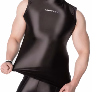AMORESY Men's Shiny Sports Tracksuit Glossy Running Top Stretch Vest Tanks Oily Luster Casual Swimming Yoga T-Shirt