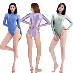 AMORESY Women Glossy Smooth Untra-thin Long-sleeve High Cut Swimsuits One-piece Stretch Tights Swimwears Leotards Bathing Suits
