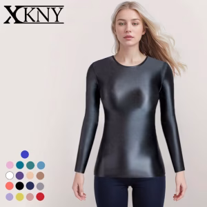 XClocKNYoung satin glossy Long Sleeve Elastic high Neck Tight Sports Basic Shirt satin glossy top Casual Fashion T-shirt