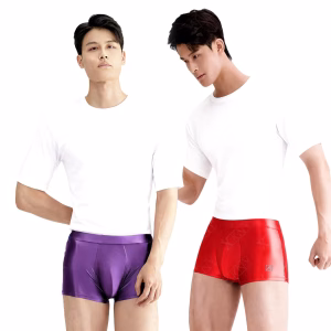 AMORESY satin men glossy underpants Silk Slippery High Elastic Boxer Brief oily Yoga running Leisure shinny shorts