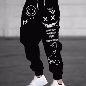 2025 Autumn new men's long pants Casual roller skating letter smiley face printed outdoor hip-hop men's pants