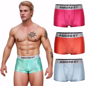 AMORESY Men's Ultra-thin Ice Silky Smooth Transparent Briefs Breathable Stretch Swim Trunks Spandex Underwear Beach Boxer Shorts