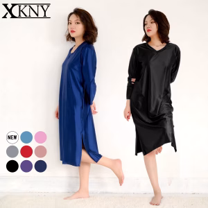 XClocKNYoung satin glossy dress smooth long sleeve loose fitting satin Glossy  V-neck comfortable dress mjinm Good night dress