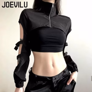 JOEVILU Women's Cyberpunk Goth Harajuku Crop Tops Long Sleeve Hollow Out Zipper T Shirt Y2K Grunge Streetwear Jacket for Dancing