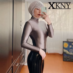 XClocKNYoung satin glossy top smooth long sleeve high neck sports casual tight clothes Yoga sportswear satin glossy tights