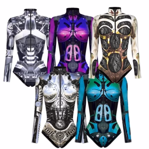 Halloween Cyberpunk Robot Armor Zentai 3D Digital Print Jumpsuit Briefs Cosplay Costume Women's Zipper Bodysuit Party