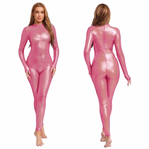 Women Metallic Shiny Full Body Unitards Sheer Rave Party Nightclub Jumpsuit Long Sleeve Long Pants Back Zipper Catsuit Clubwear