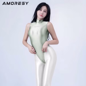 AMORESY-Sleeveless High Neck Bodysuit, Shiny Glossy, Extra High Leg Thong, Back Zipper, One Piece Swimwear