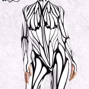 "Secret of You" - Halloween Black & White Butterfly Patterned Cyber Bodysuit for Women
