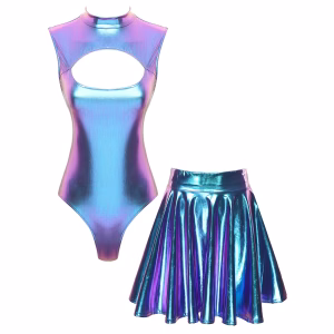 Women Shiny Alien Astronaut Costumes High Cut Sexy Bodysuit with Flare Skirt Set for Party Halloween Stage Performance Outfits